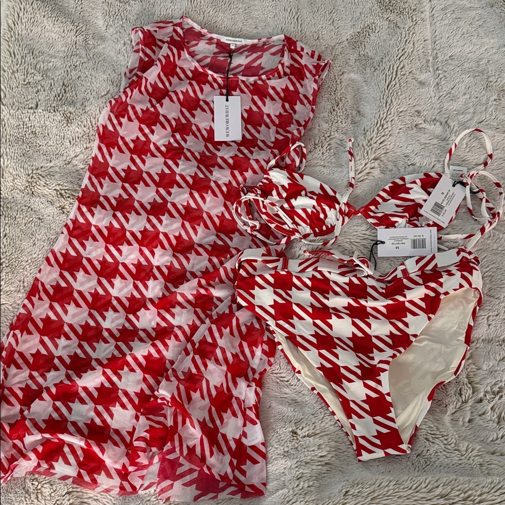 WeWoreWhat Red and White Houndstooth Bikini Set with Mesh Dress Coverup